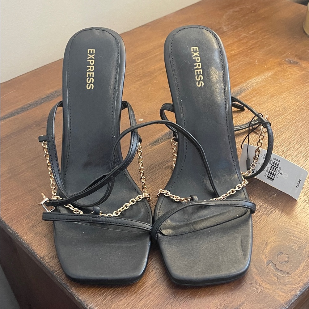 Express Black Heels with Gold Chain Detail